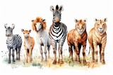 Fototapeta Dziecięca - Group of African safari animals together and Cute safari wildlife animal with giraffe, lion, elephant, lion, zebra, tiger