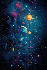 Wall Mural - Simplified planets and orbits dance gracefully in the cosmic expanse