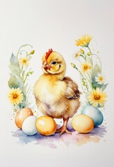 Wall Mural - Cute Baby chick with eggs Little chicken with spring flowers Pastel watercolor White background Happy Easter banner Isometric Good for postcards, poster kid's room, canvas, Generative AI