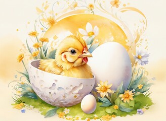 Wall Mural - Easter baby chicken and Easter eggs and flowers on sun set Watercolor Pastel yellow background Cute little chick with Easter eggs Happy Easter banner Illustration Generative AI