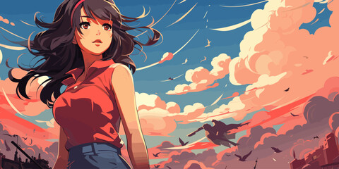 Wall Mural - vector, illustration, anime, japanese, high school, girl, dance, cat, harbor, background, blue sky, clouds, japan vector flat bright colors