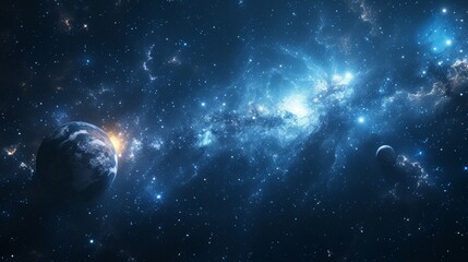 Wall Mural - Dark backdrop with minimalistic stars and planets, evoking a cosmic ambiance