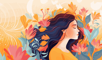 Wall Mural - Woman with flower colorful illustration background mental health lifestyle selfcare concept