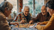 A heartwarming image of a group of elderly individuals gathered around a board game, showcasing the beauty of social interaction and companionship in later life. Laughter and smiles fill the