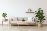 Fototapeta  - A sleek Scandinavian, japandi living room showcases a white sofa, wooden coffee table, and various potted plants. a tranquil setting that could be used for a home decor magazine.