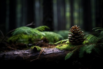 A pine cone in dark forest, copy space background wallpaper