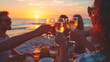A vibrant group of friends raise their glasses in a joyous toast at a mesmerizing sunset beach party, capturing the essence of celebration and the true meaning of friendship.
