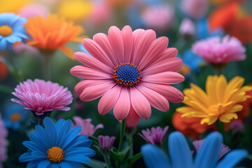 Poster - A close-up of a blooming flower garden filled with an assortment of radiant hues, creating a floral symphony of color. Concept of a lively botanical oasis. Generative Ai.