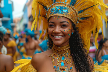 Poster - A lively street carnival with participants dressed in vivid costumes, embodying the spirit of celebration and festivity. Concept of a colorful street party. Generative Ai.