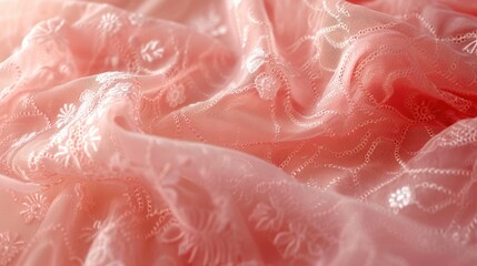 Wall Mural - A zoomed-in shot of a Coral Pink lace fabric, showcasing its delicate patterns, fine threads, and soft color, occupying the entire screen with its intricate, transparent texture