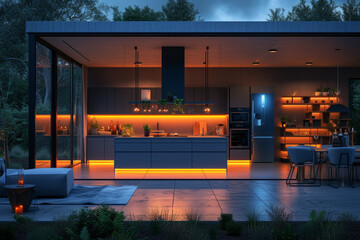 Poster - a living space with energy-efficient appliances and smart home technology, allowing for remote monit
