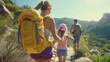 A family is on a hiking adventure, walking on a mountain trail, with a focus on a person with a yellow backpack leading a child by the hand.