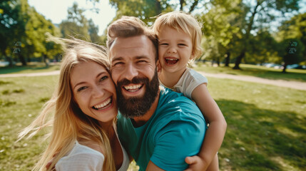 Canvas Print - A happy family of three with a young child on the father's shoulders, all smiling and enjoying a sunny day outdoors in the park.