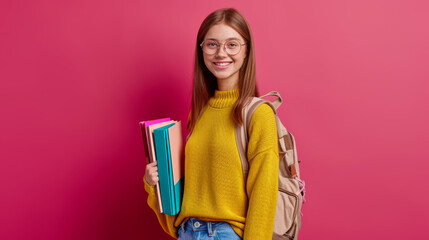 Sticker - young woman with glasses is smiling at the camera, wearing a yellow sweater and a red backpack, holding colorful books against a vibrant pink background