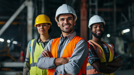 Wall Mural - group of cheerful construction workers in safety gear