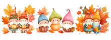 Cheerful Forest Gnomes With A Gray Beard And In Funny Caps With Pumpkins And Yellow Leaves
