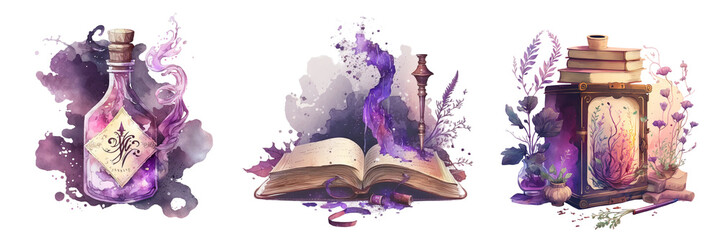 A book of spells and a bottle of magic potion