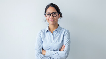 Wall Mural - woman with short blonde hair and a confident smile is wearing a white shirt and stands with her arms crossed against a light grey background