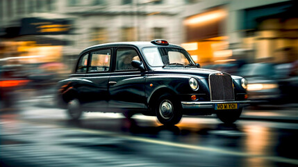 Poster - Dynamic city environment with moving taxi car and blur lights of buildings at dusk.