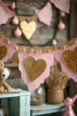 Poster - Pink and Gold Valentines Day Decoration With Teddy Bear.  
