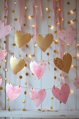 Poster - Pink and Gold Heart Mobile Hanging From a String.  