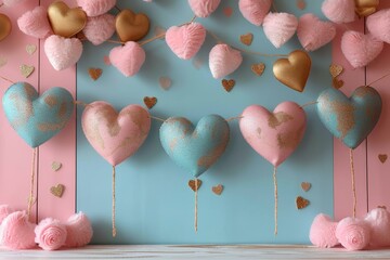 Poster - Pink and Blue Heart Shaped Lollipops Hanging From a String.  