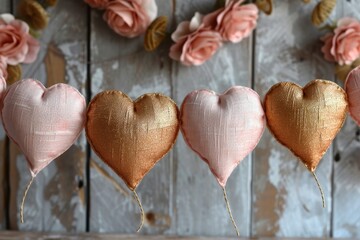 Poster - A Row of Pink and Gold Heart Ornaments.  