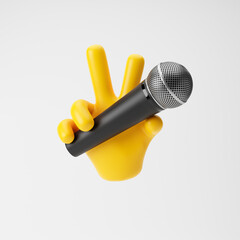 Yellow emoji hand holding microphone and showing victory gesture isolated over white background. 3d rendering.