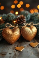 Poster - Two Golden Hearts Hanging From a String Next to Pine Cones.  