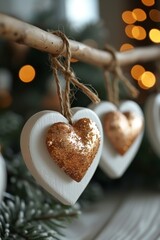 Sticker - Three Heart Shaped Ornaments Hanging From a Tree.  