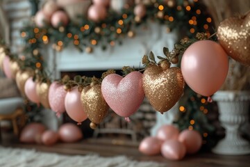 Poster - A Garland of Pink and Gold Heart Shaped Balloons.  