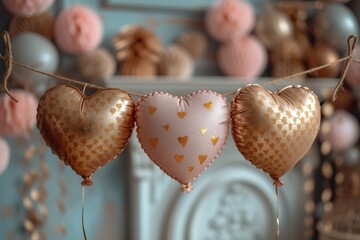 Poster - Three Heart Shaped Balloons Hanging From a String.  