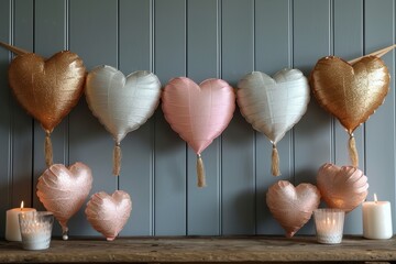 Poster - A Bunch of Heart Shaped Balloons Hanging on a Wall.  