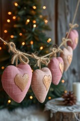 Poster - String of Pink Hearts Hanging From a Christmas Tree.  