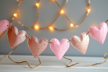 Poster - Pink Hearts Hanging From a String.  