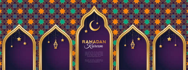 Canvas Print - Ramadan Kareem concept banner with gold 3d frame, arab window on ornament background, beautiful arabesque pattern. Vector illustration. Hanging golden arabian traditional lanterns, crescent and stars