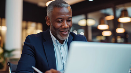 Canvas Print - professional middle-aged man sitting at a desk with a laptop