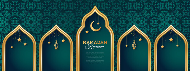 Wall Mural - Ramadan Kareem concept banner with gold 3d frame, arab window on dark background with beautiful arabesque pattern. Vector illustration. Hanging golden arabian traditional lanterns, crescent and stars