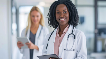 Sticker - smiling female healthcare professional in the foreground holding a clipboard with a stethoscope around her neck