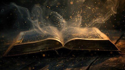 Wall Mural - Old book opened and light particles on dark bg photo