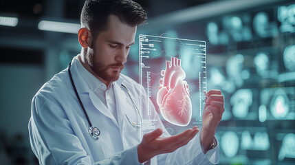 Wall Mural - Healthcare specialist's perspective as he interprets vital data from digital heart hologram