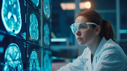 Poster - Woman healthcare specialist engrossed in studying advanced brain scans on a digital display