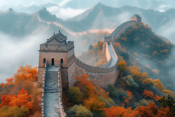 Poster - A panoramic view of the Great Wall, winding through mist-covered mountains, illustrating the grandeur of human engineering and history. Concept of monumental landmarks. Generative Ai.