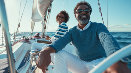 A smiling couple in casual attire and sunglasses enjoying a relaxing day on a yacht with a clear blue ocean in the background.