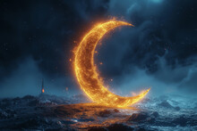 A Radiant Crescent Moon, Symbolizing The Beginning Of Ramadan, Shining Brightly Against The Night Sky. Concept Of The Crescent Heralding Blessings. Generative Ai.