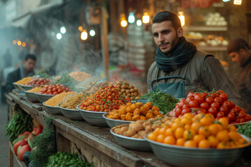 Canvas Print - The hustle and bustle of a late-night Suhoor market, where vendors offer a variety of foods to help sustain the fasting individuals until dawn. Concept of Suhoor market vitality. Generative Ai.