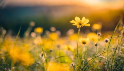 Canvas Print - abstract soft focus sunset field landscape of yellow flowers and grass meadow warm golden hour sunset sunrise time tranquil spring summer nature closeup and blurred forest background idyllic nature