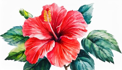 Wall Mural - watercolor drawing of bright red hibiscus flower isolated