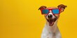 Dog wearing sunglasses. Happy and cool, ready to bring the rizz on a colorful background vacation.