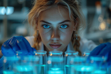 Poster - A woman scientist conducting experiments in a laboratory, contributing to advancements in scientific research and discovery. Concept of scientific exploration. Generative Ai.